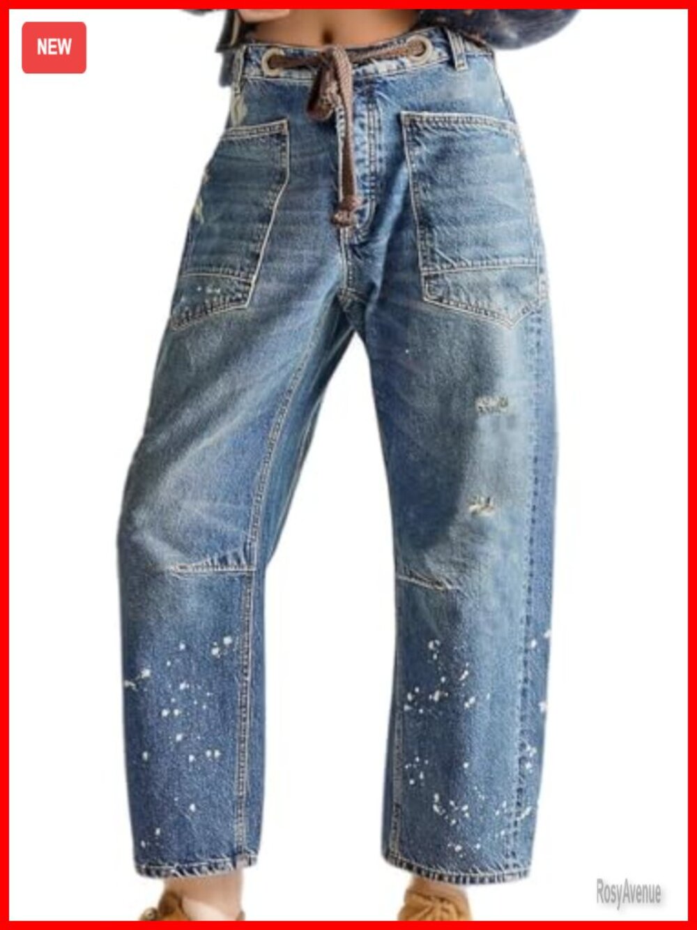 Women's Low Rise Barrel Jeans Drawstring Baggy Wide Leg Denim with Pockets